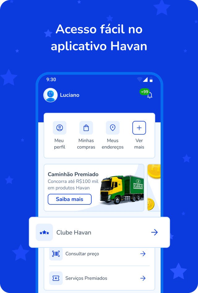 Celular com aplicativo Havan na área conta, evidenciando o Clube Havan