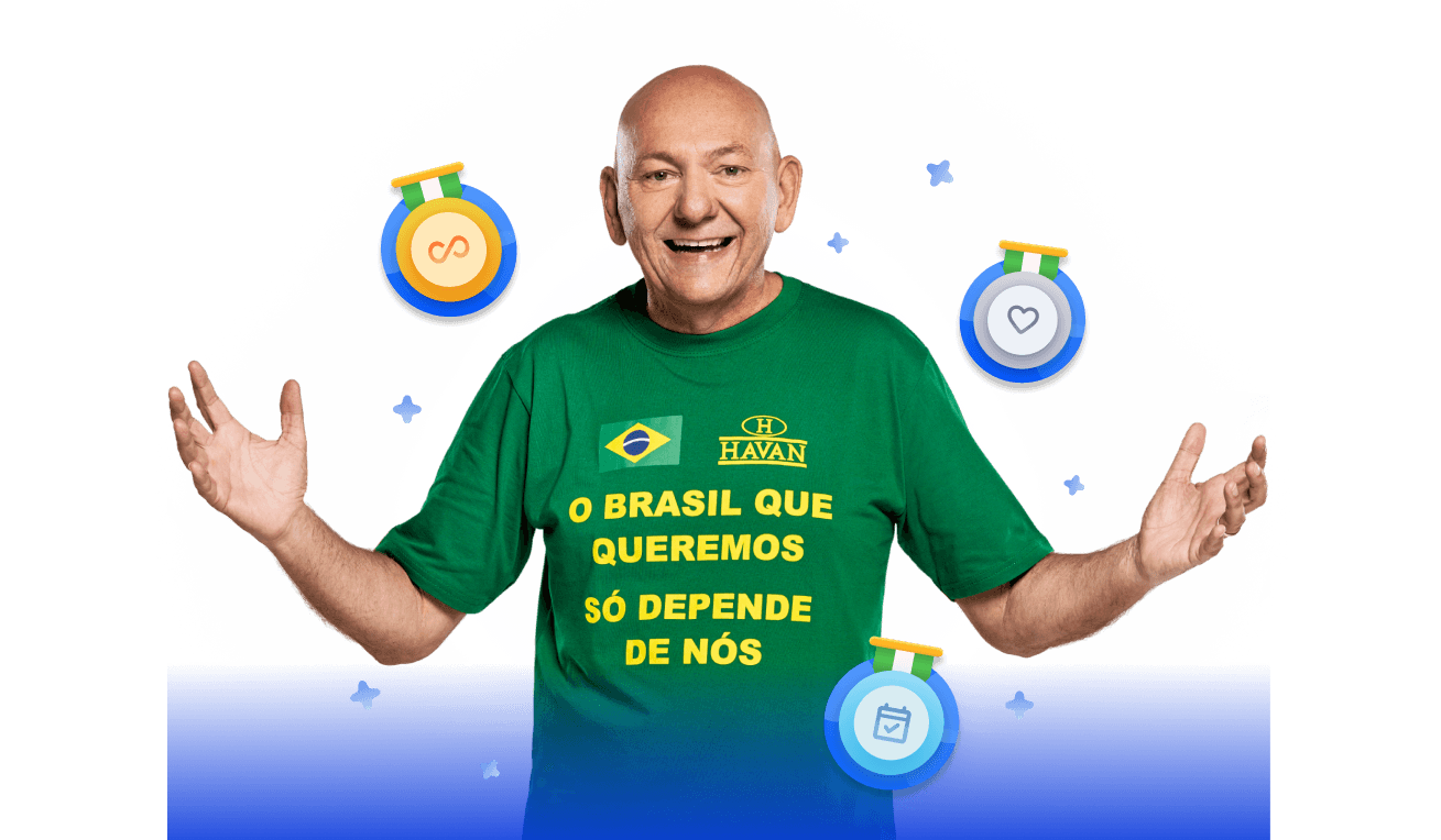 Luciano Hang com os braços abertos e medalhas e estrelas flutuando