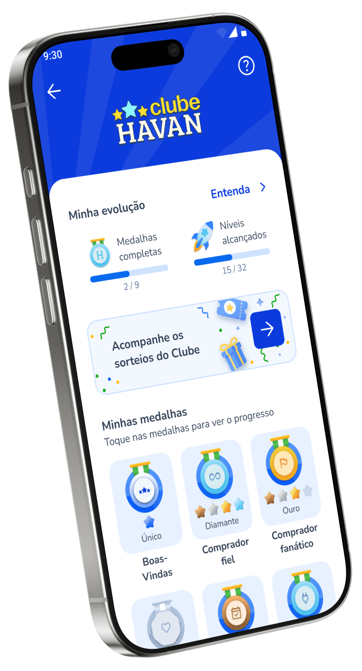 Celular com aplicativo Havan na área conta, evidenciando o Clube Havan